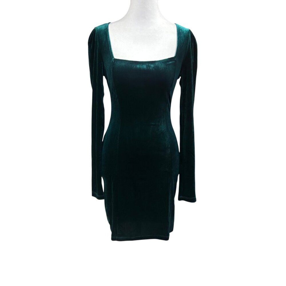 NEW Lulus Square Neck Velvet Velour Long Sleeve Dress Womens Size Small Emerald